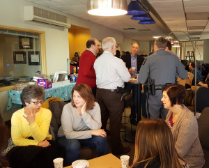 SUNY Poly Interim President Dr. Baghat Sammakia chats with members of faculty and staff during a January 6 coffee house event in Utica hosted by SUNY Poly Residential Life.