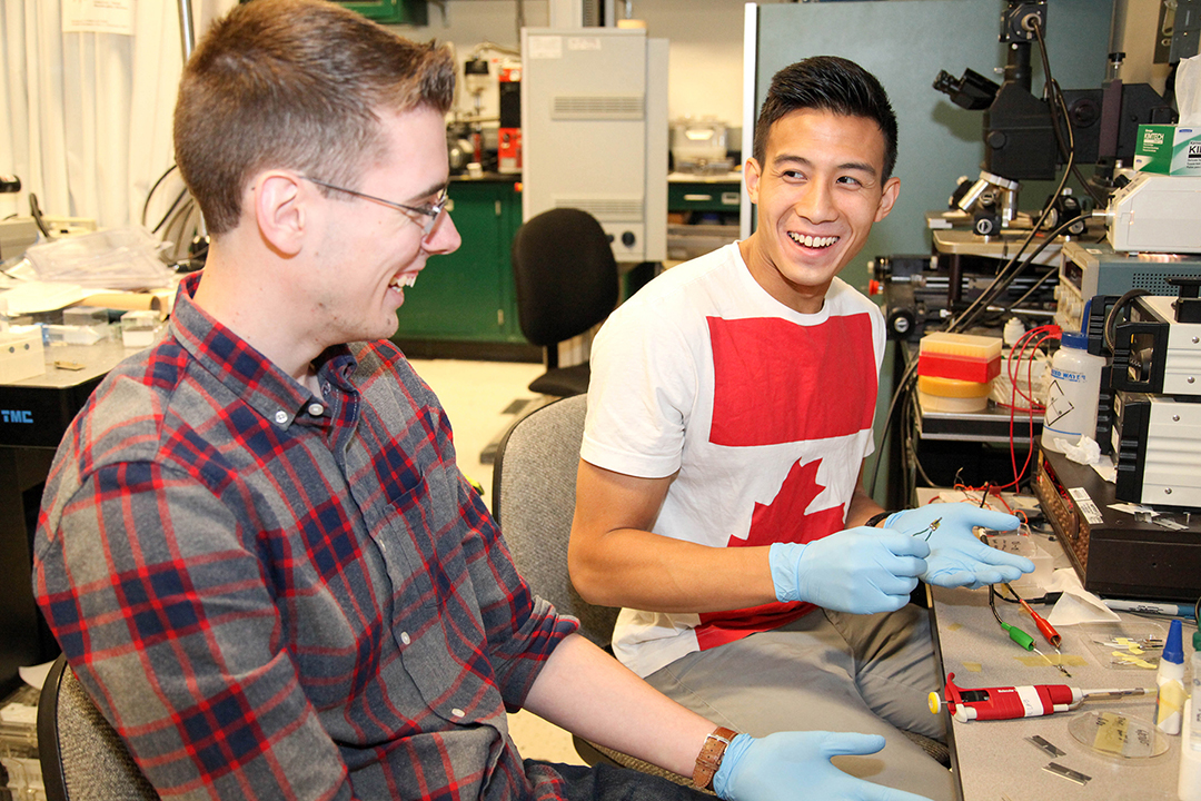 two students working together in a lab and laughing